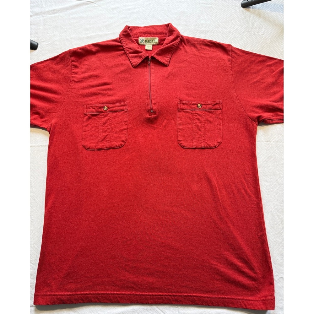 Haband Mens Red Quarter Zip Polo Shirt Short Sleeve Double Pocket Large